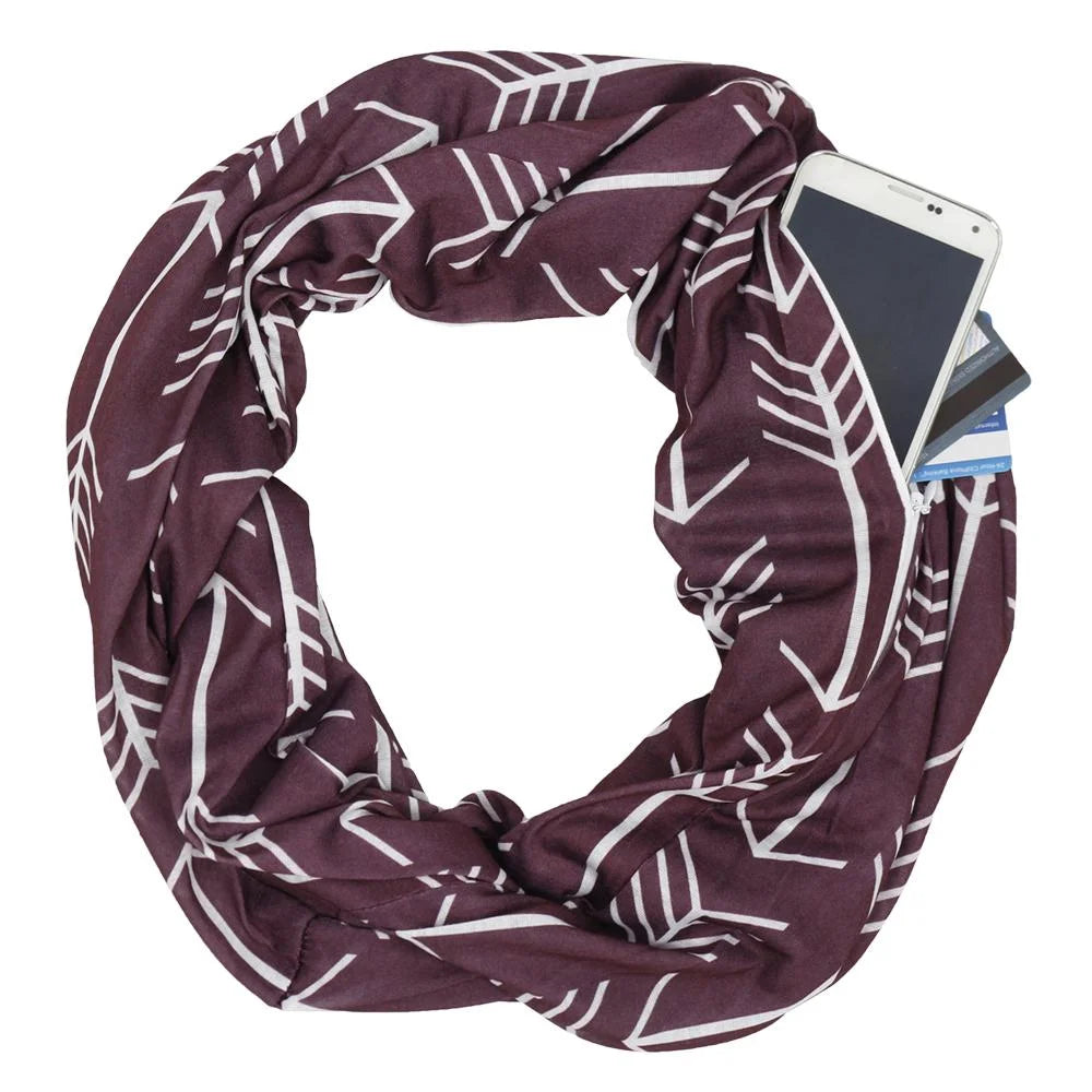 Women'S Infinity Scarf with Hidden Zipper Pocket & Pattern Print Arrow (Maroon)