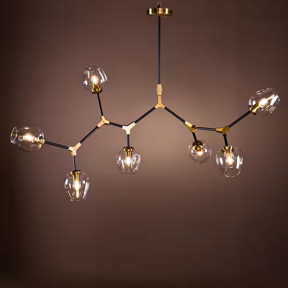 7-Lights Black and Brass Modern Linear Sputnik Chandelier with Clear Glass Shade