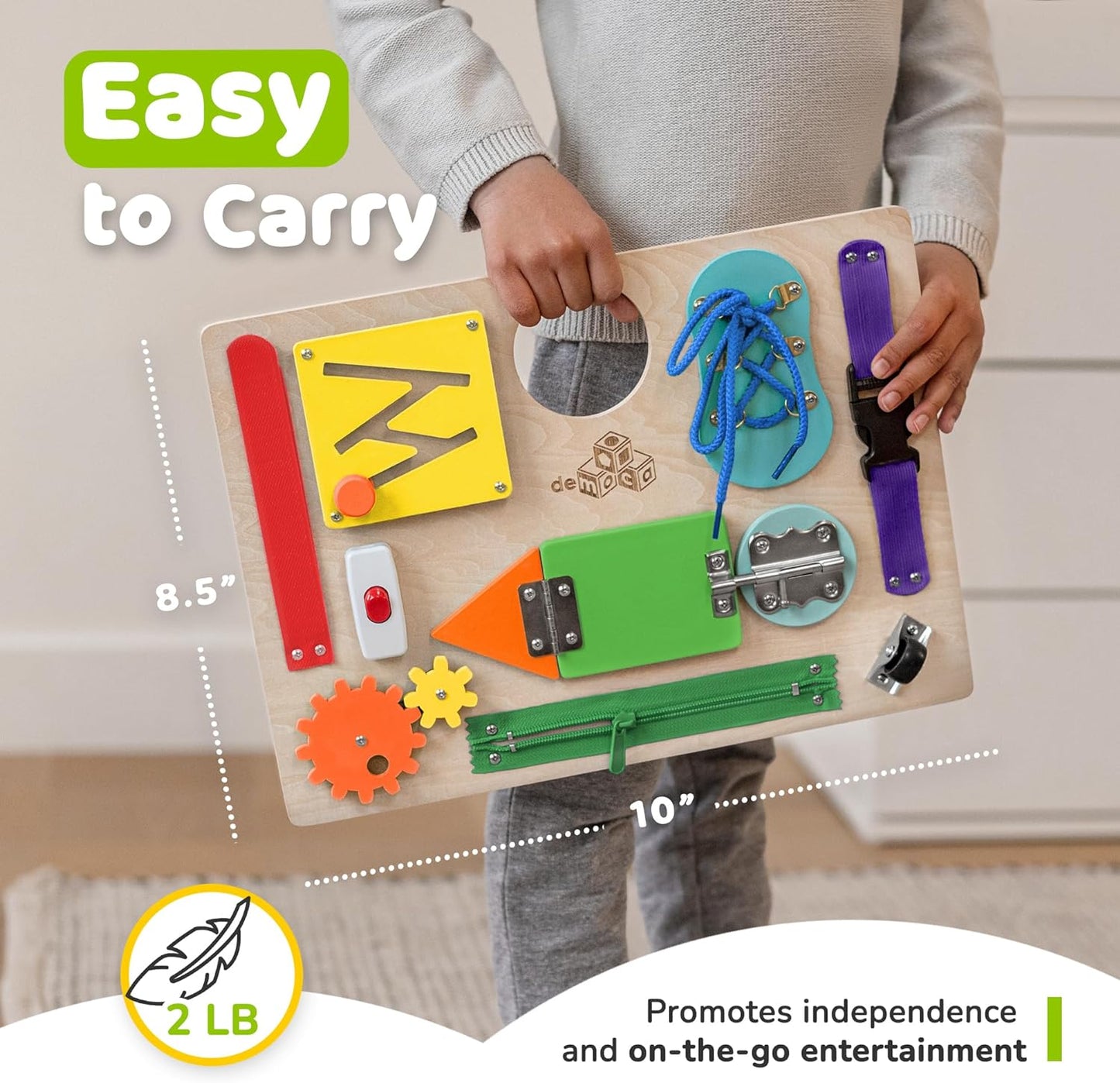 Toddler Busy Board, Premium Wooden Montessori Busy Board with 10 Learning Activities for Fine Motor Skills, Sensory Activity Kids Travel Toy, Gift for Boys & Girls