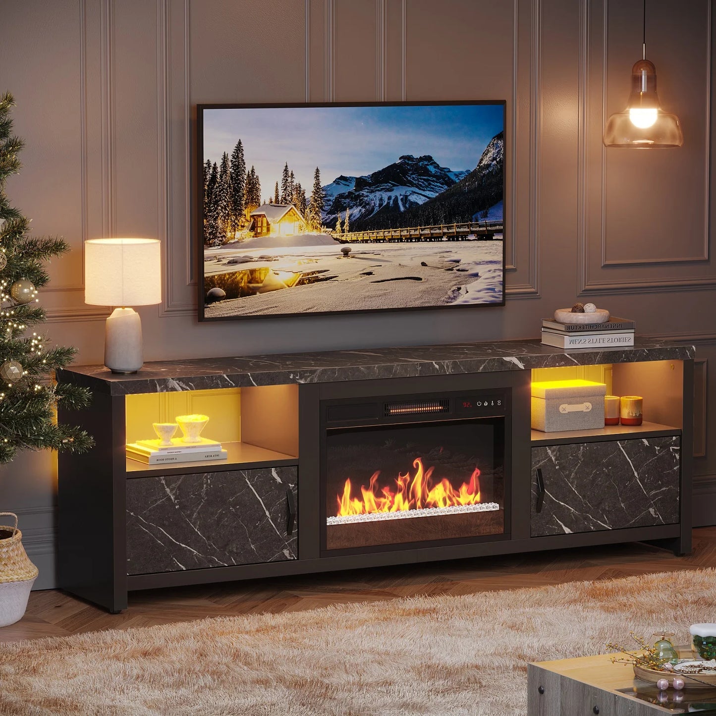 71 Inch Electric Fireplace TV Stand for Tvs up to 75", Modern Entertainment Center with LED Lights, Black Marble