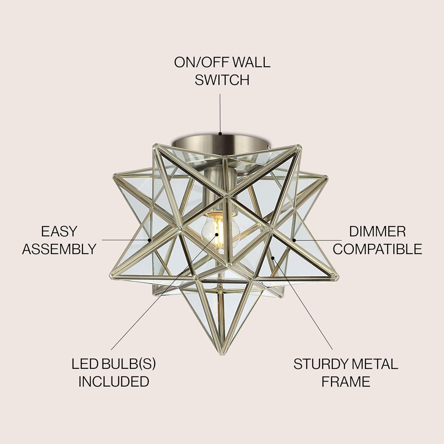 JYL9035E Stella 12" Moravian Star Metal/Glass LED Flush Mount, Contemporary, Transitional, Glam, Office, Living Room, Family Room, Dining Room, Kitchen, Bedroom, Hallway, Foyer, Nickel