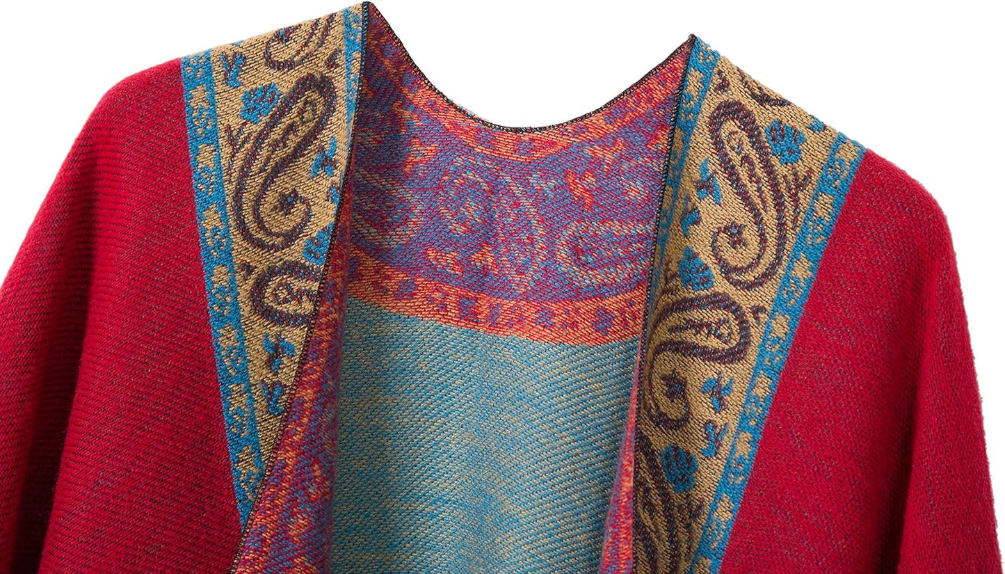 Women’S Retro Warm Shawls Poncho Cape Floral Printed Open Front Cardigans Sweater