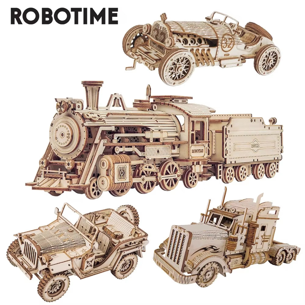 Rokr 3D Puzzle Movable Steam Train,Car,Jeep Assembly Toy Gift for Children Adult Wooden Model Building Block Kits