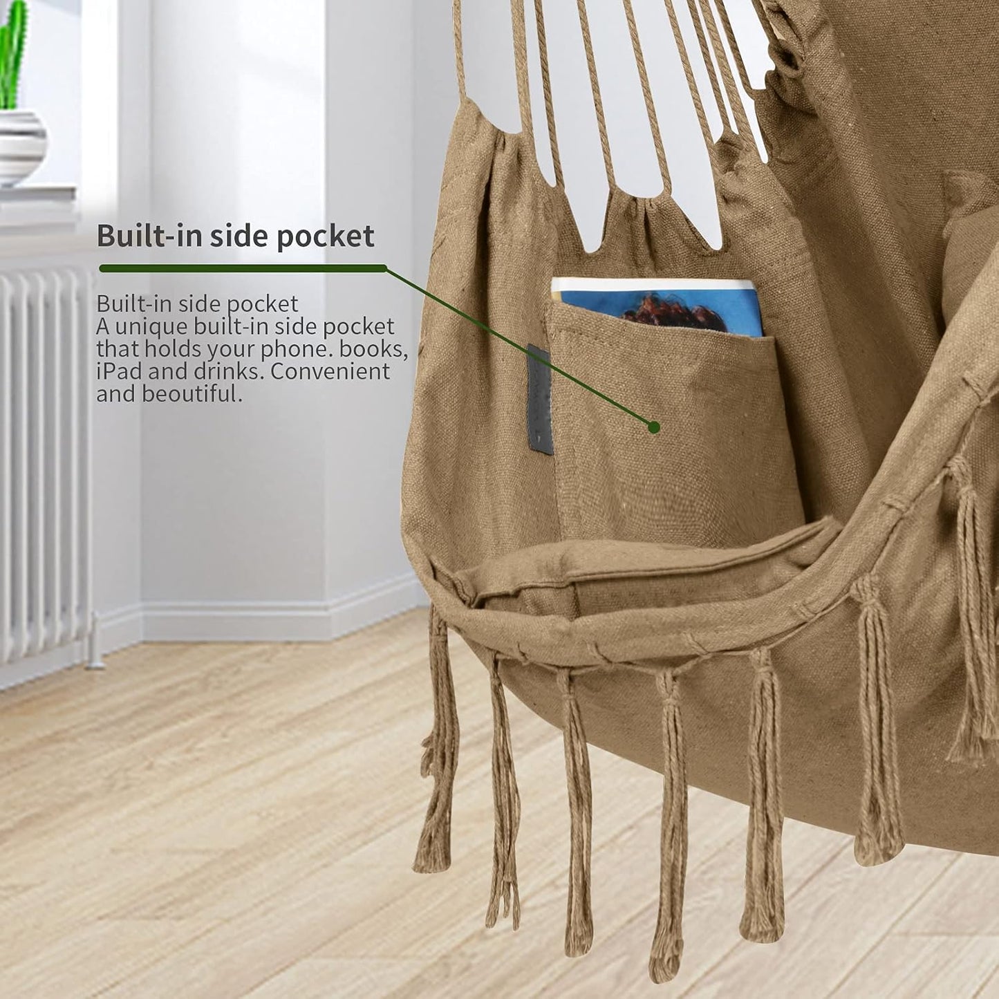 Hammock Hanging Chair Macrame Hanging Chair for Porch and Balcony Cotton Ropes Swing Chair with Cushion and Hardware Kits (59 X 47 X 56 Inches) Brown