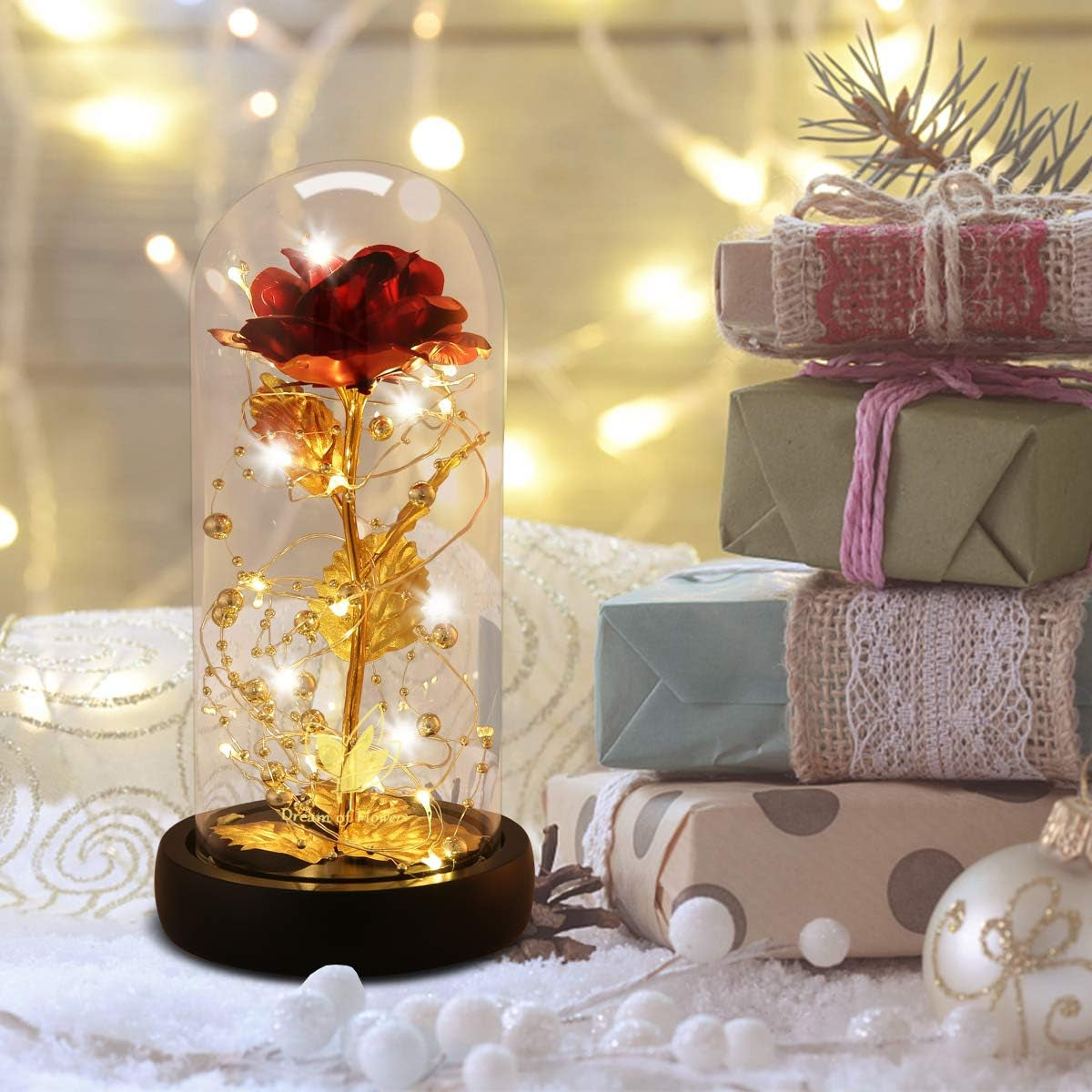 Mothers Day Rose Gifts for Women,Birthday Gifts for Women,Eternal Rose in Glass Dome with LED Lights, Beauty and the Beast Gift for Her, Forever Valentine.