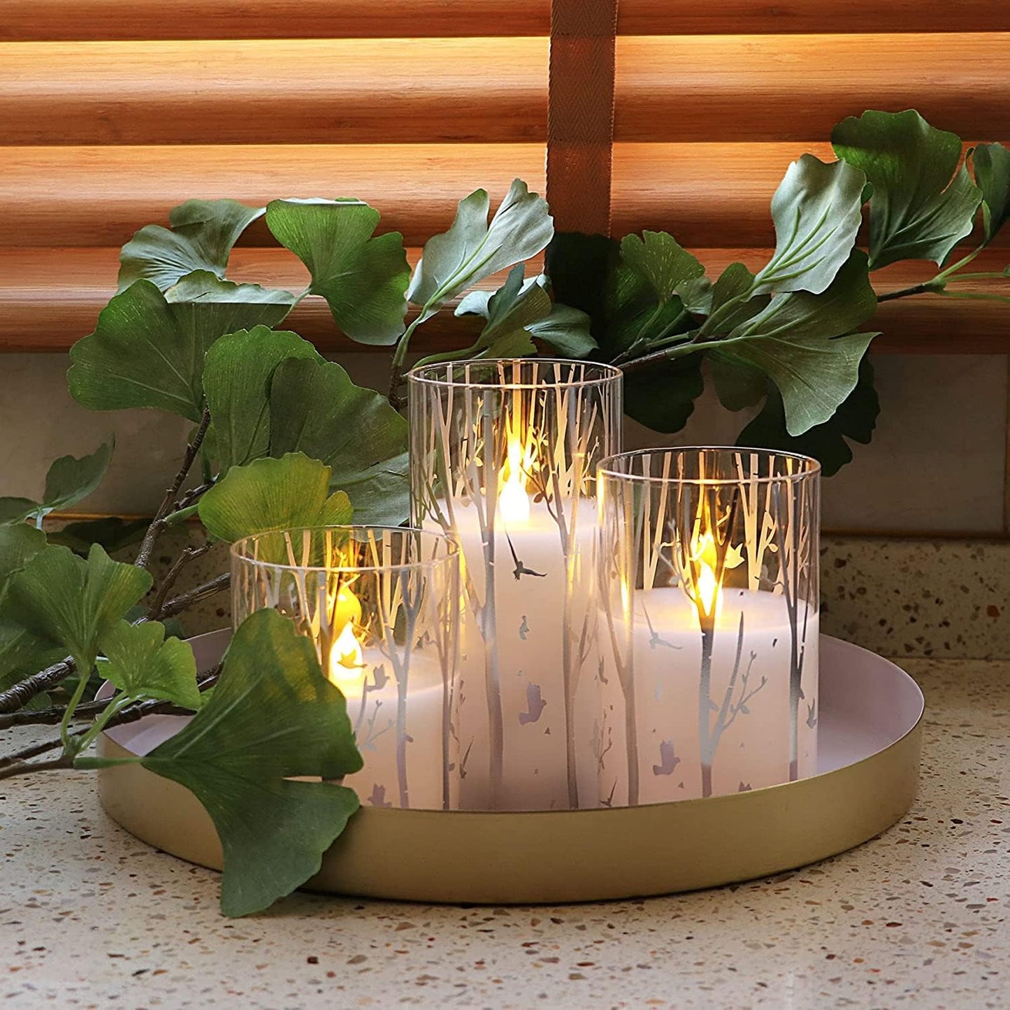 Birch Design Glass Battery Operated LED Candles with Timer, Flameless Pillar Candles Spring & Summer Decor- Include 6 Batteries
