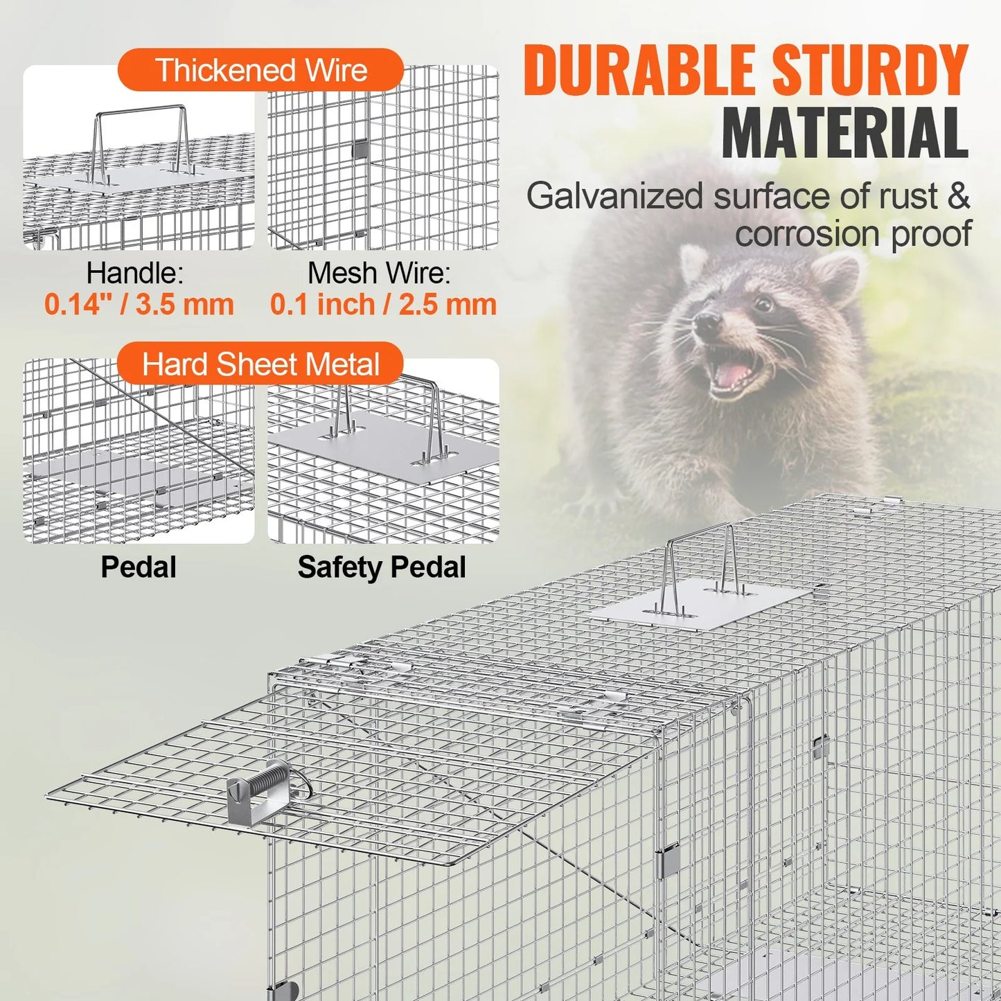 VEVOR Live Animal Cage Trap, 50 X 20 X 26 Humane Cat Trap Galvanized Iron, Folding Animal Trap with Handle for Stray Dogs, Armadillos, Raccoons, Marmots, Foxes