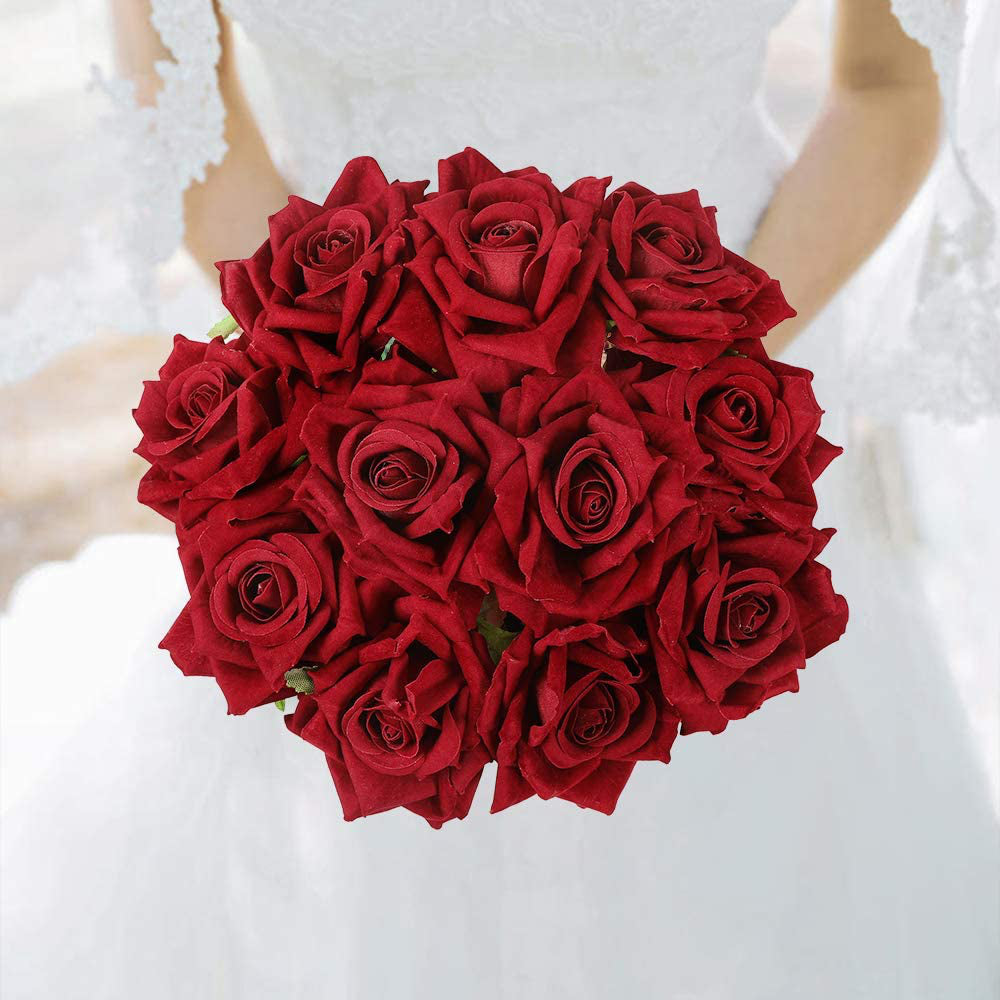 12 Flores Artificiales Rosas De Seda Ramo De Novia Nupcial Falso, Rojo Oscuro