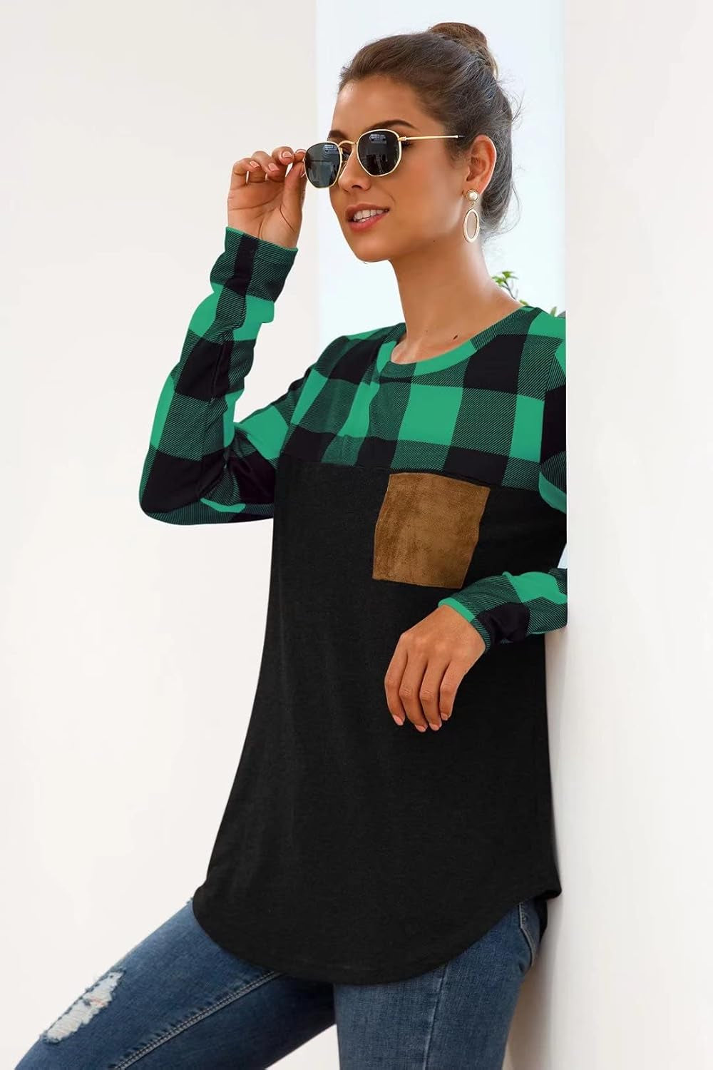 Womens Buffalo Plaid Neck Long Sleeve Patchwork Blouse Top Curve Hem Tunic