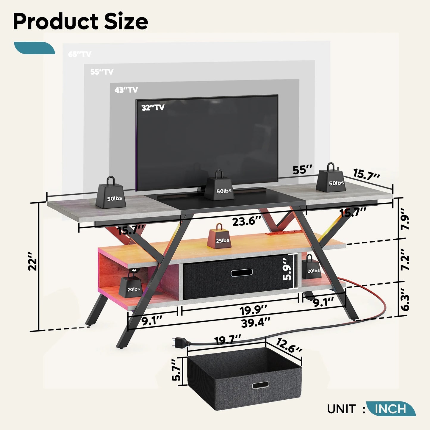 55" TV Stand with Power Outlets Gaming Entertainment Center with LED Light, Wash White