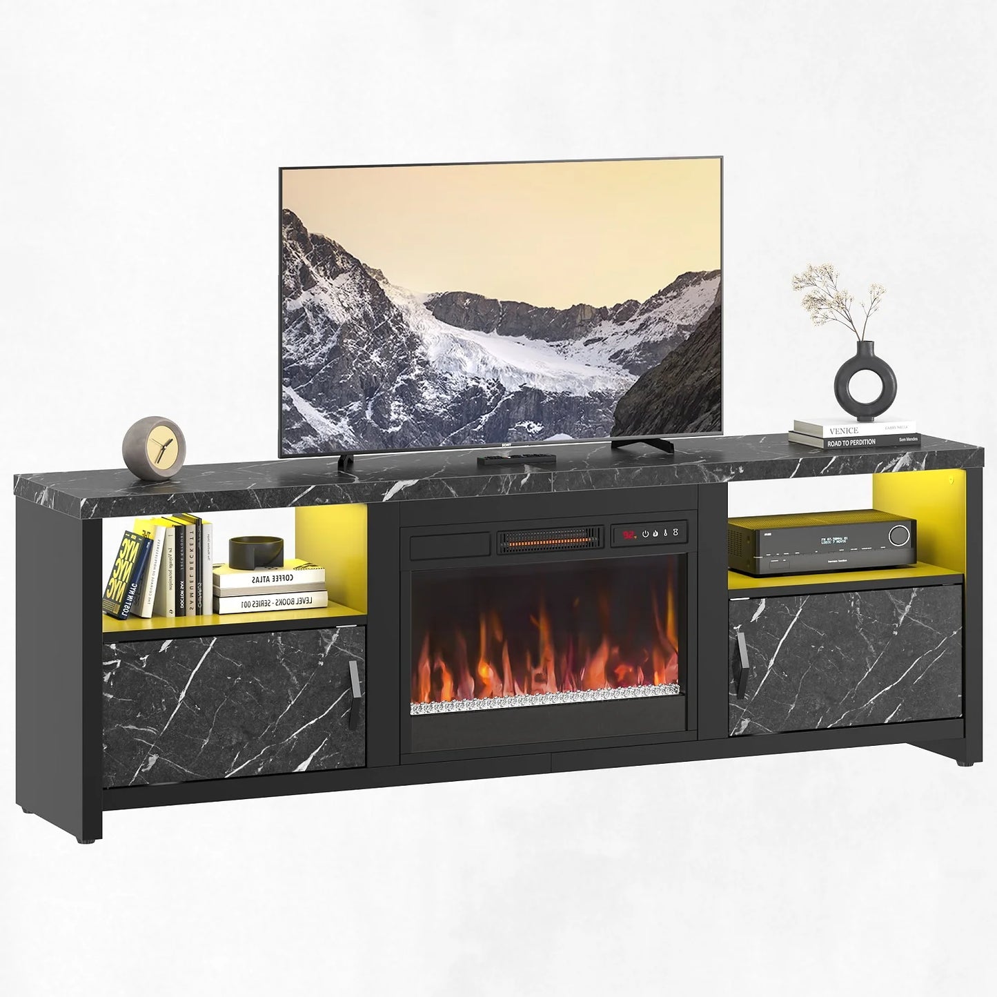 71 Inch Electric Fireplace TV Stand for Tvs up to 75", Modern Entertainment Center with LED Lights, Black Marble