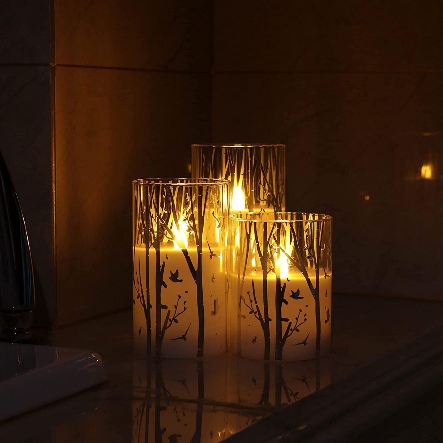 Birch Design Glass Battery Operated LED Candles with Timer, Flameless Pillar Candles Spring & Summer Decor- Include 6 Batteries