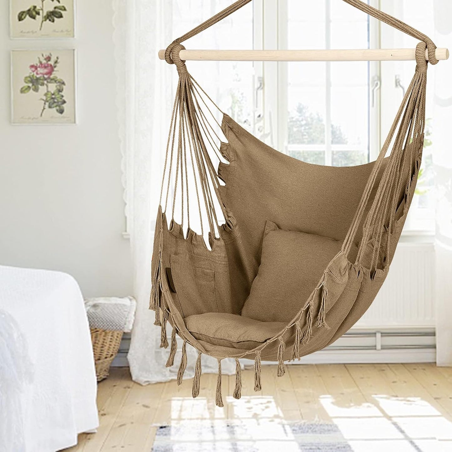 Hammock Hanging Chair Macrame Hanging Chair for Porch and Balcony Cotton Ropes Swing Chair with Cushion and Hardware Kits (59 X 47 X 56 Inches) Brown