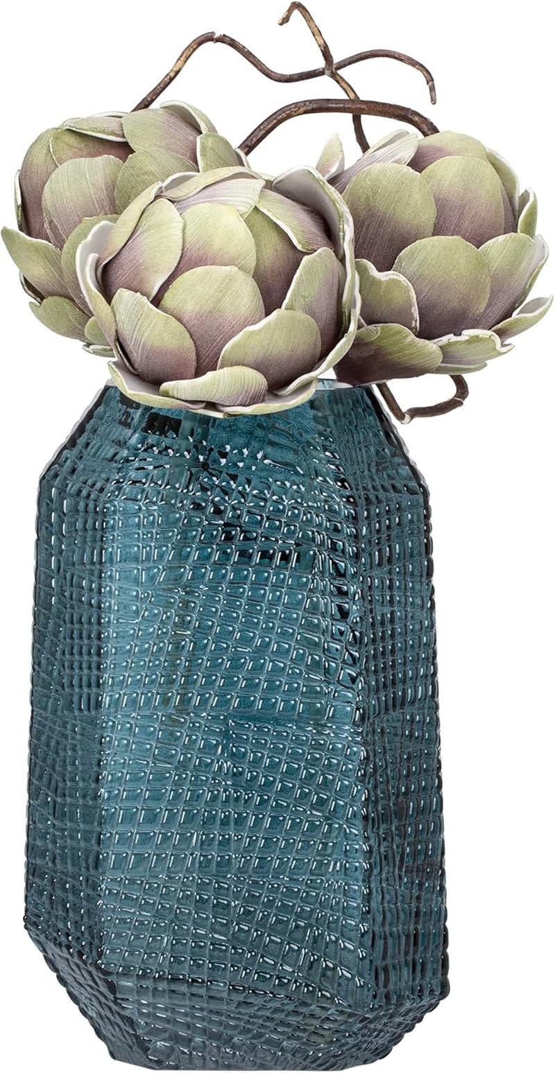 Soto Angle Cut Etched Glass Mid Century Modern Vase (11.5-Inch Height, Atlantic Ocean Blue)