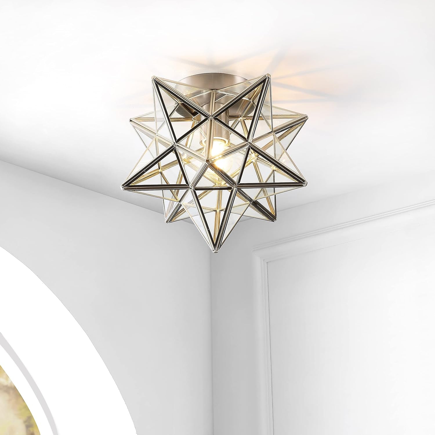 JYL9035E Stella 12" Moravian Star Metal/Glass LED Flush Mount, Contemporary, Transitional, Glam, Office, Living Room, Family Room, Dining Room, Kitchen, Bedroom, Hallway, Foyer, Nickel