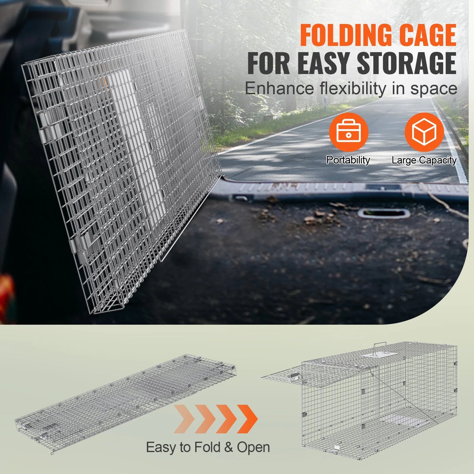 VEVOR Live Animal Cage Trap, 50 X 20 X 26 Humane Cat Trap Galvanized Iron, Folding Animal Trap with Handle for Stray Dogs, Armadillos, Raccoons, Marmots, Foxes