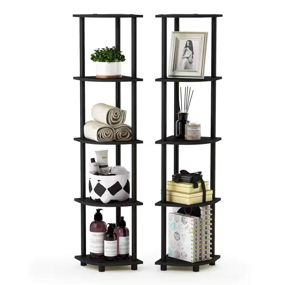 57.7 In. Black/Espresso Plastic 5-Shelf Corner Bookcase with Open Storage