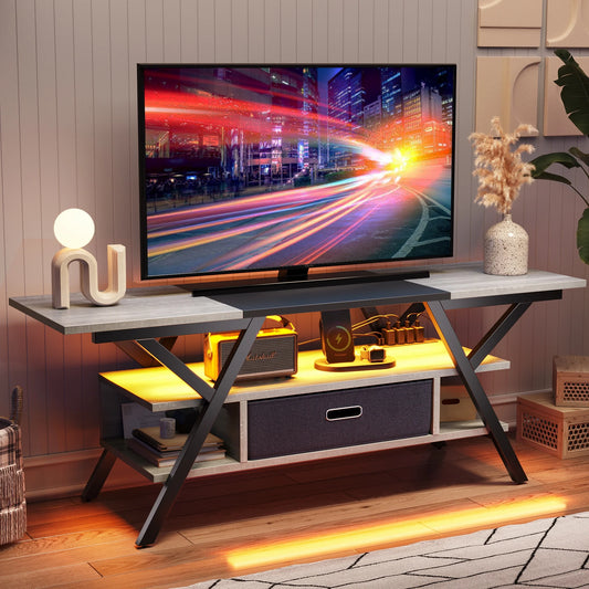 55" TV Stand with Power Outlets Gaming Entertainment Center with LED Light, Wash White