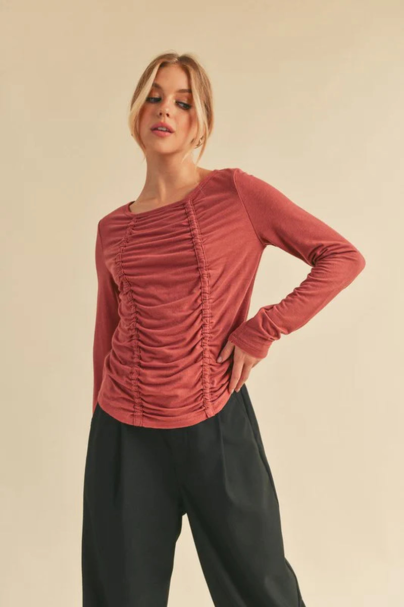 Aemi+Co Ruched Front round Neck Long Sleeve T-Shirt