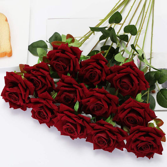 12 Flores Artificiales Rosas De Seda Ramo De Novia Nupcial Falso, Rojo Oscuro