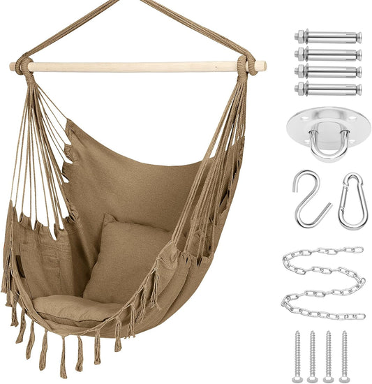Hammock Hanging Chair Macrame Hanging Chair for Porch and Balcony Cotton Ropes Swing Chair with Cushion and Hardware Kits (59 X 47 X 56 Inches) Brown