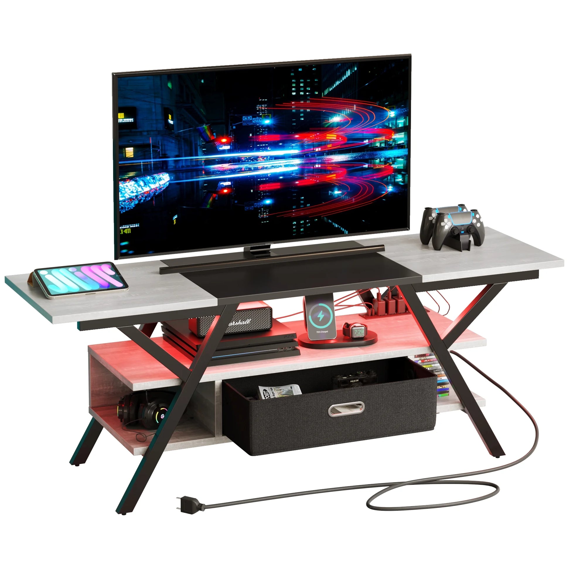 55" TV Stand with Power Outlets Gaming Entertainment Center with LED Light, Wash White