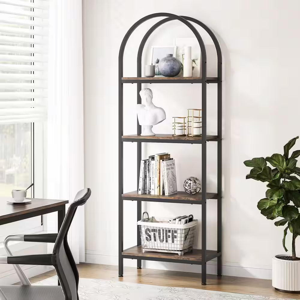 Jannelly 23.62 In. Brown Wood and Black Metal 4Tier Radial Corner Shelves Bookcase Storage Rack Plant Stand