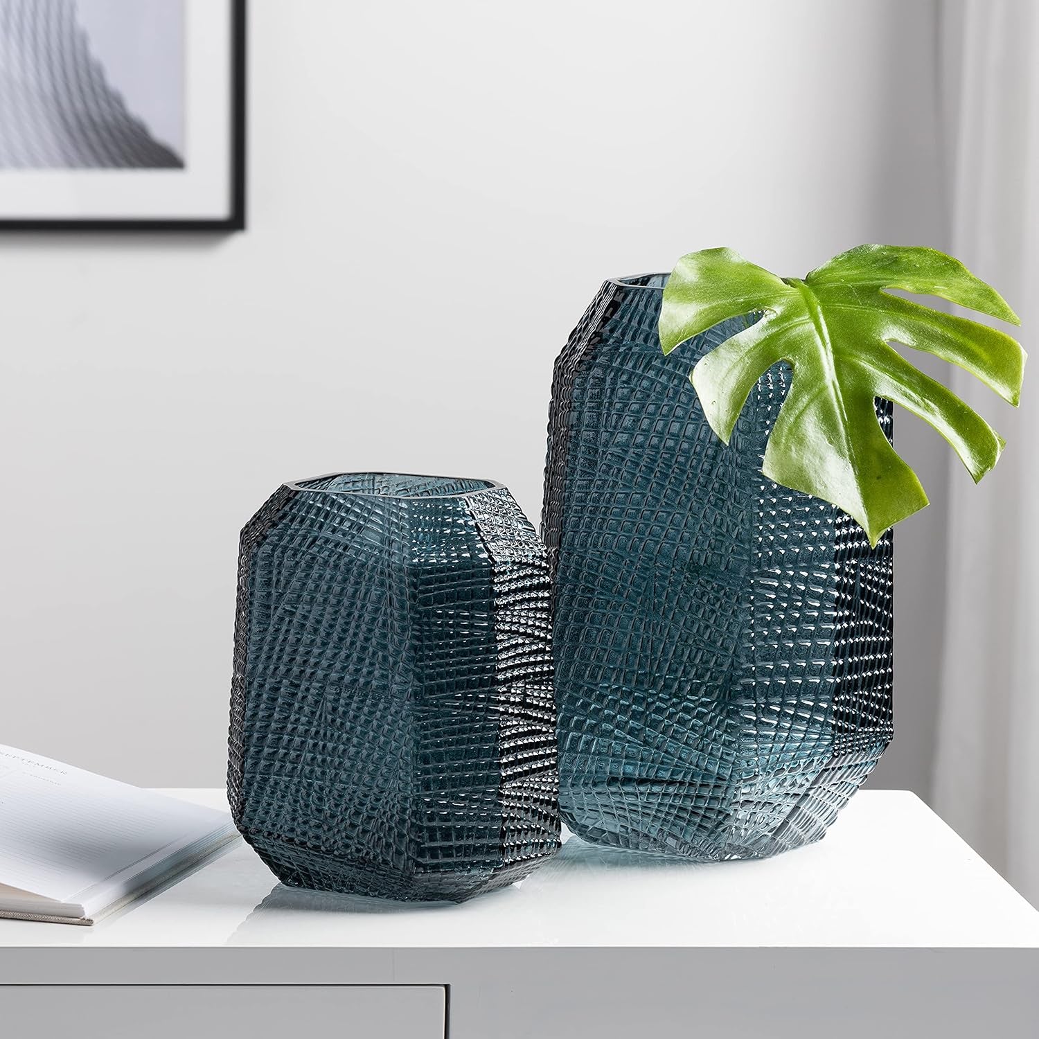 Soto Angle Cut Etched Glass Mid Century Modern Vase (11.5-Inch Height, Atlantic Ocean Blue)