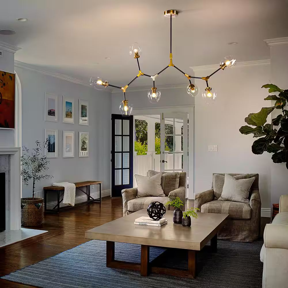 7-Lights Black and Brass Modern Linear Sputnik Chandelier with Clear Glass Shade