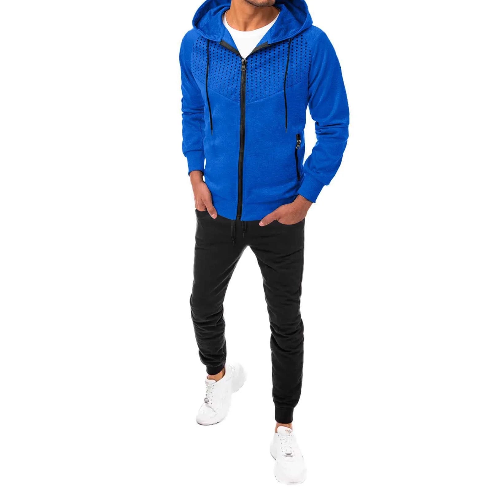 Men'S Tracksuit Soft Hooded Jogging Sweatsuits Full-Zip Pullover Coats 2 Pieces Sports Outfits Set Sportsuits