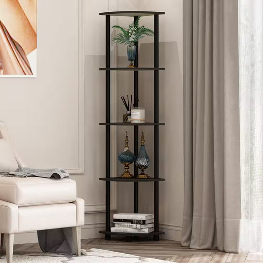 57.7 In. Black/Espresso Plastic 5-Shelf Corner Bookcase with Open Storage