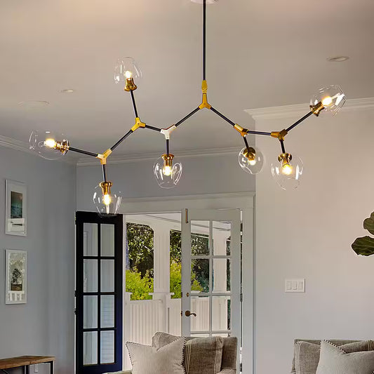 7-Lights Black and Brass Modern Linear Sputnik Chandelier with Clear Glass Shade
