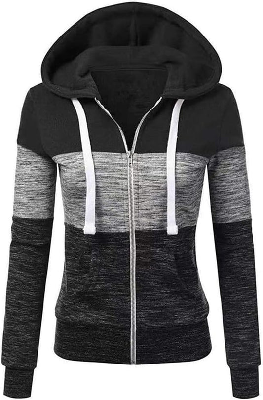 Hoodies for Women Color Block Hooded Sweatshirt Basic Zip-Up Jersey Jacket Long Sleeve Top with Pockets plus Size