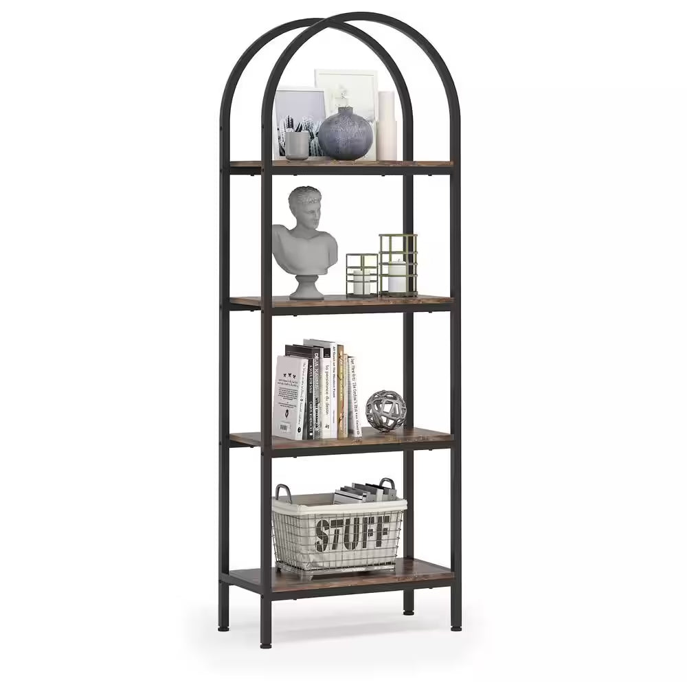 Jannelly 23.62 In. Brown Wood and Black Metal 4Tier Radial Corner Shelves Bookcase Storage Rack Plant Stand