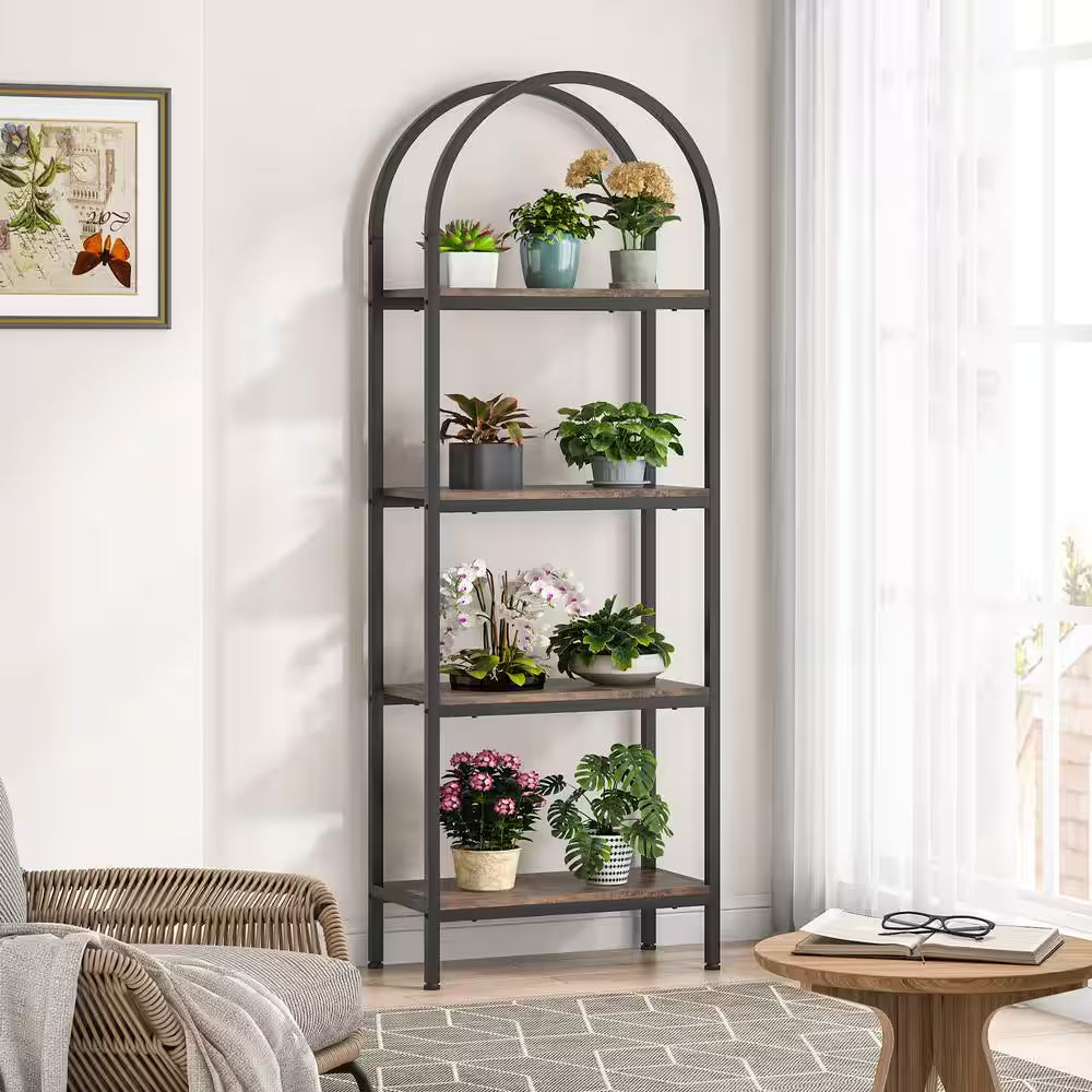 Jannelly 23.62 In. Brown Wood and Black Metal 4Tier Radial Corner Shelves Bookcase Storage Rack Plant Stand