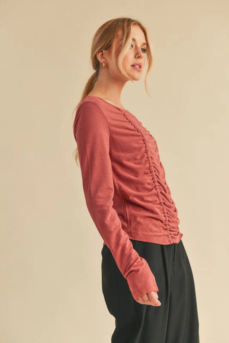 Aemi+Co Ruched Front round Neck Long Sleeve T-Shirt