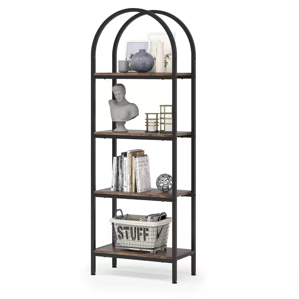 Jannelly 23.62 In. Brown Wood and Black Metal 4Tier Radial Corner Shelves Bookcase Storage Rack Plant Stand