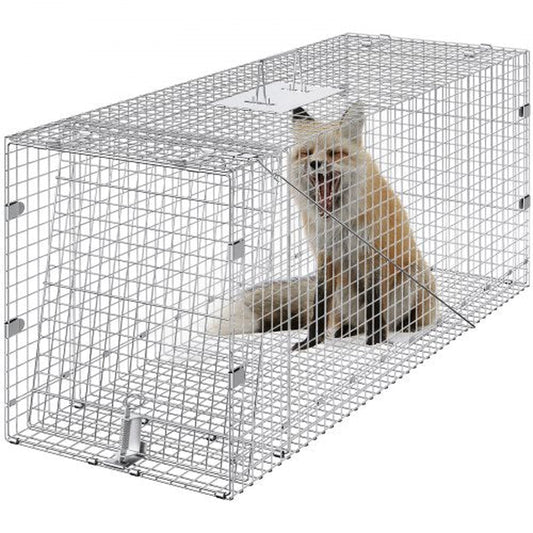 VEVOR Live Animal Cage Trap, 50 X 20 X 26 Humane Cat Trap Galvanized Iron, Folding Animal Trap with Handle for Stray Dogs, Armadillos, Raccoons, Marmots, Foxes
