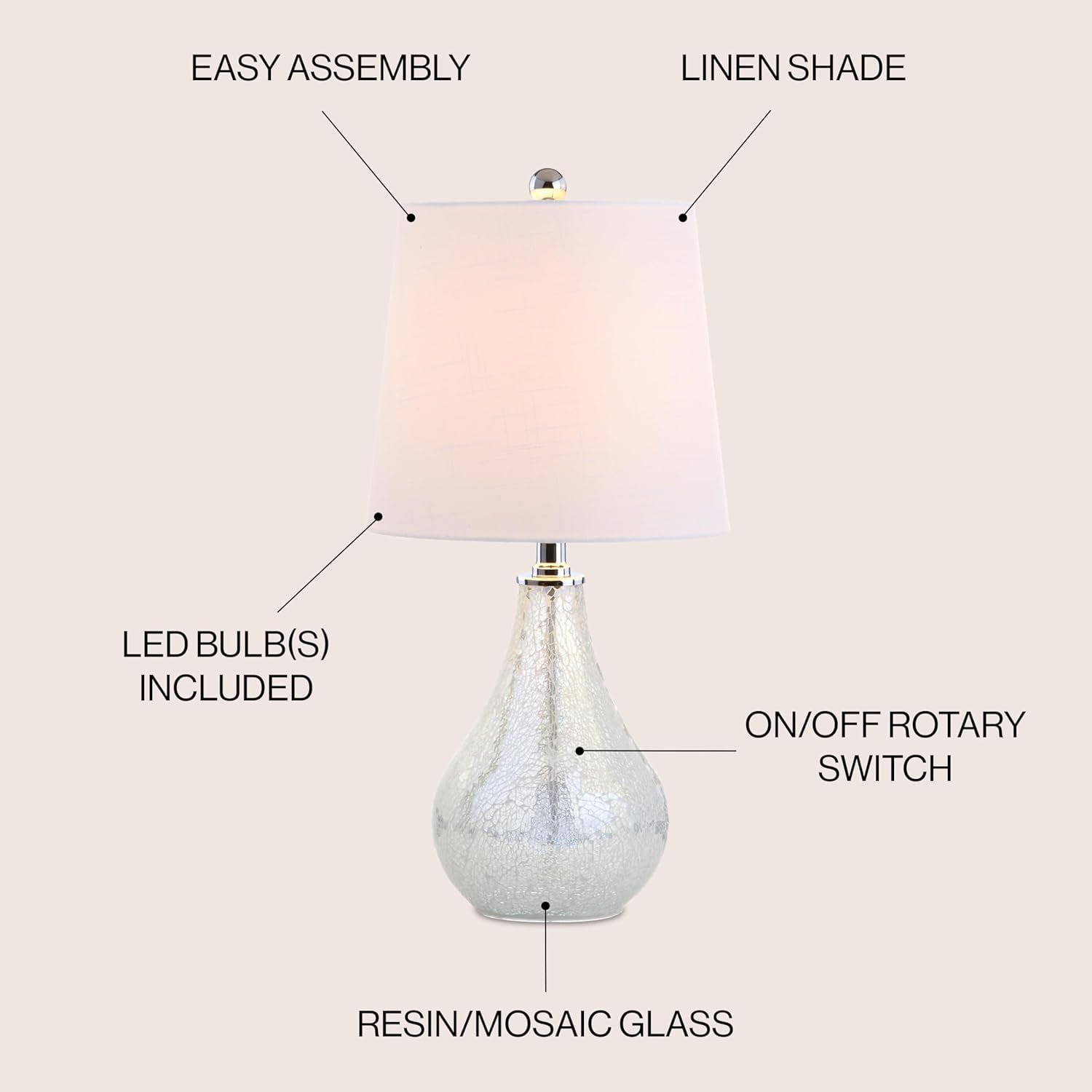 JYL1024B Mona 20.5" Mini LED Table Lamp, Modern, Contemporary, Elegant, Office, Living Room, Family Room, Dining Room, Bedroom, Hallway, Foyer, Mosaic White