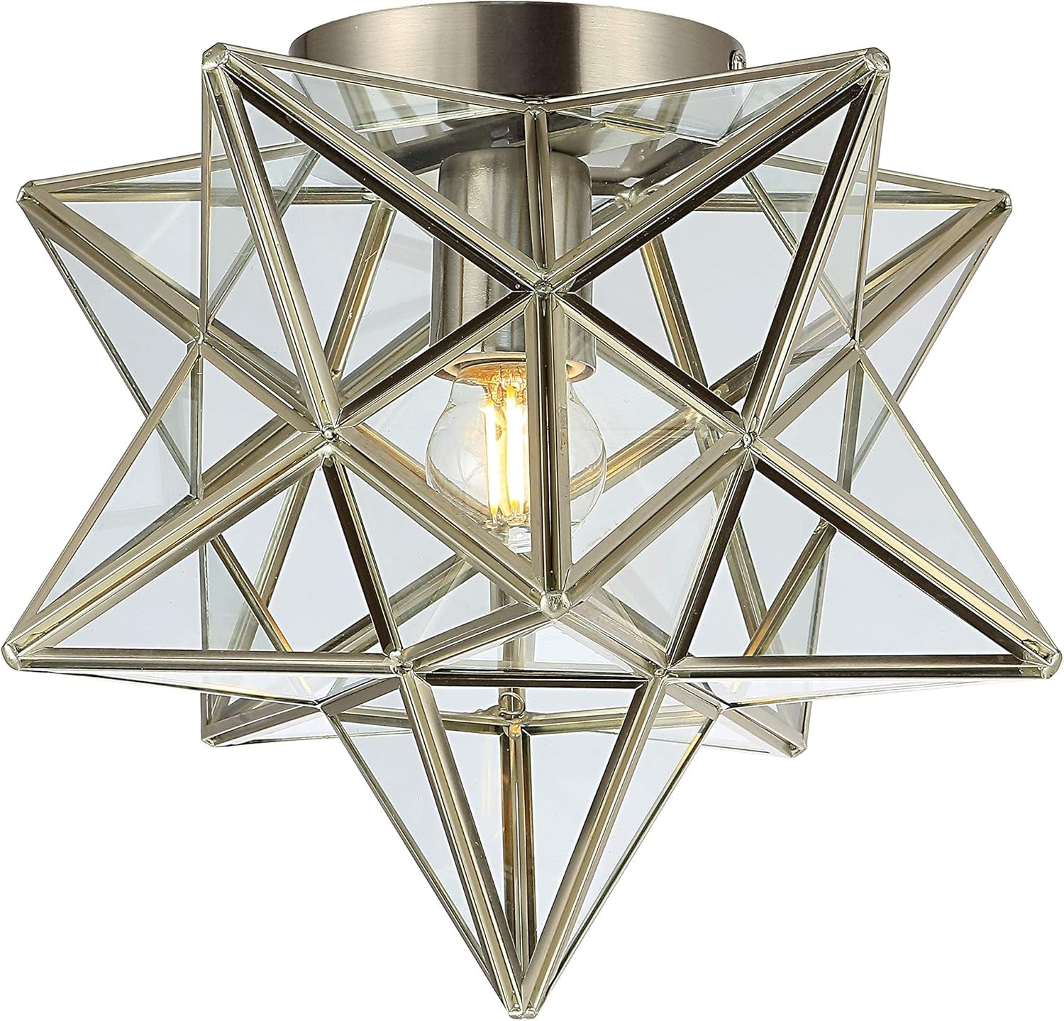 JYL9035E Stella 12" Moravian Star Metal/Glass LED Flush Mount, Contemporary, Transitional, Glam, Office, Living Room, Family Room, Dining Room, Kitchen, Bedroom, Hallway, Foyer, Nickel