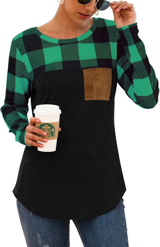 Womens Buffalo Plaid Neck Long Sleeve Patchwork Blouse Top Curve Hem Tunic