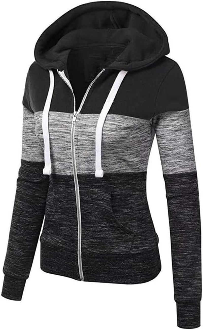 Hoodies for Women Color Block Hooded Sweatshirt Basic Zip-Up Jersey Jacket Long Sleeve Top with Pockets plus Size