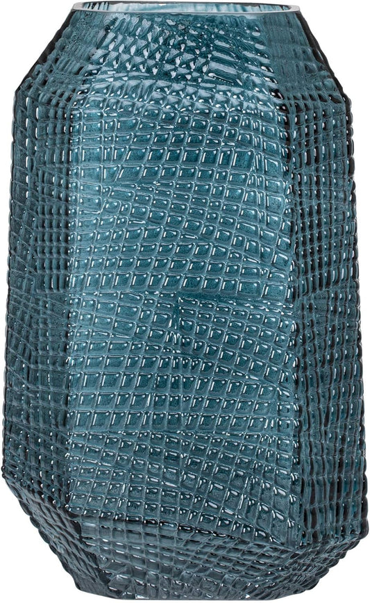 Soto Angle Cut Etched Glass Mid Century Modern Vase (11.5-Inch Height, Atlantic Ocean Blue)