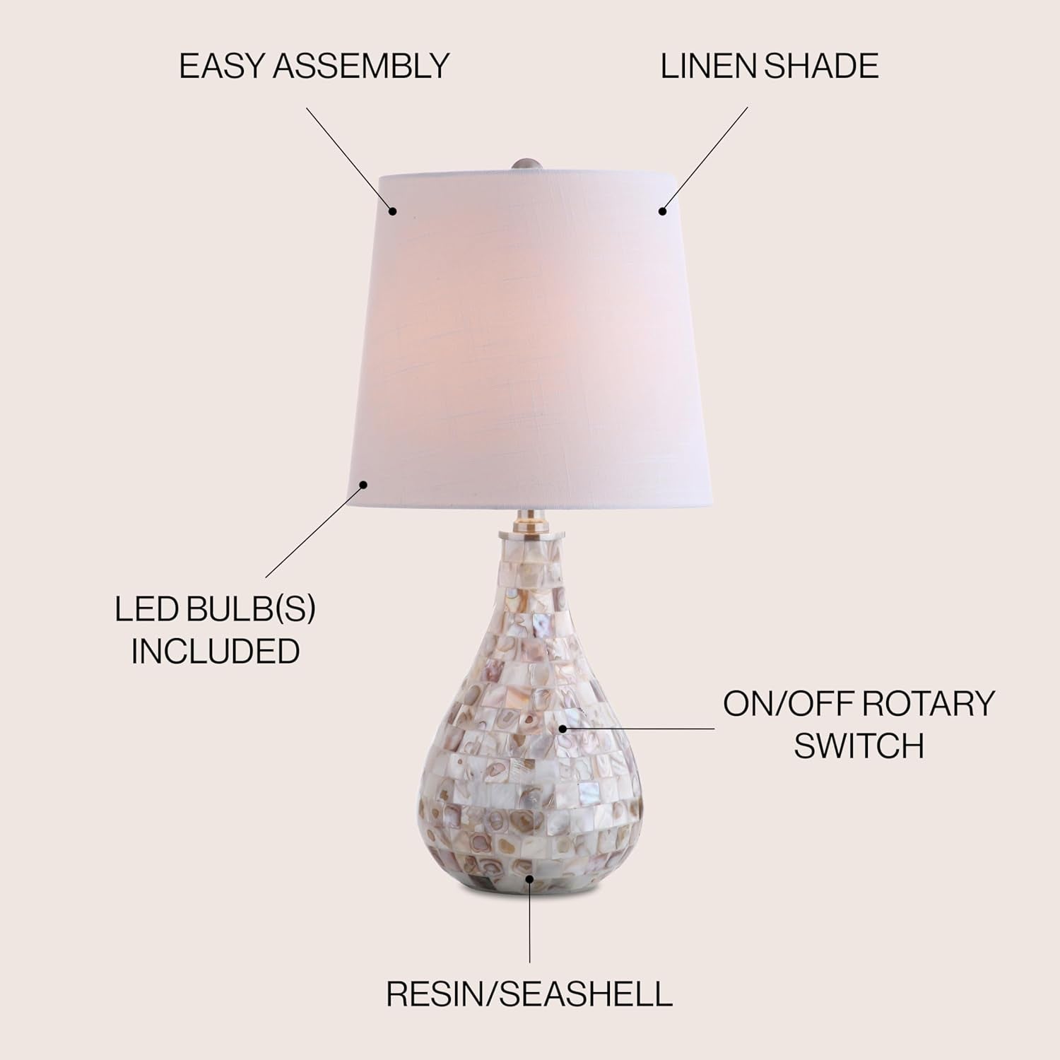 JYL1024A Mona 20.5" Mini LED Table Lamp, Cottage, Coastal, Transitional, Modern, Elegant, Office, Living Room, Family Room, Dining Room, Bedroom, Hallway, Foyer, Seashell