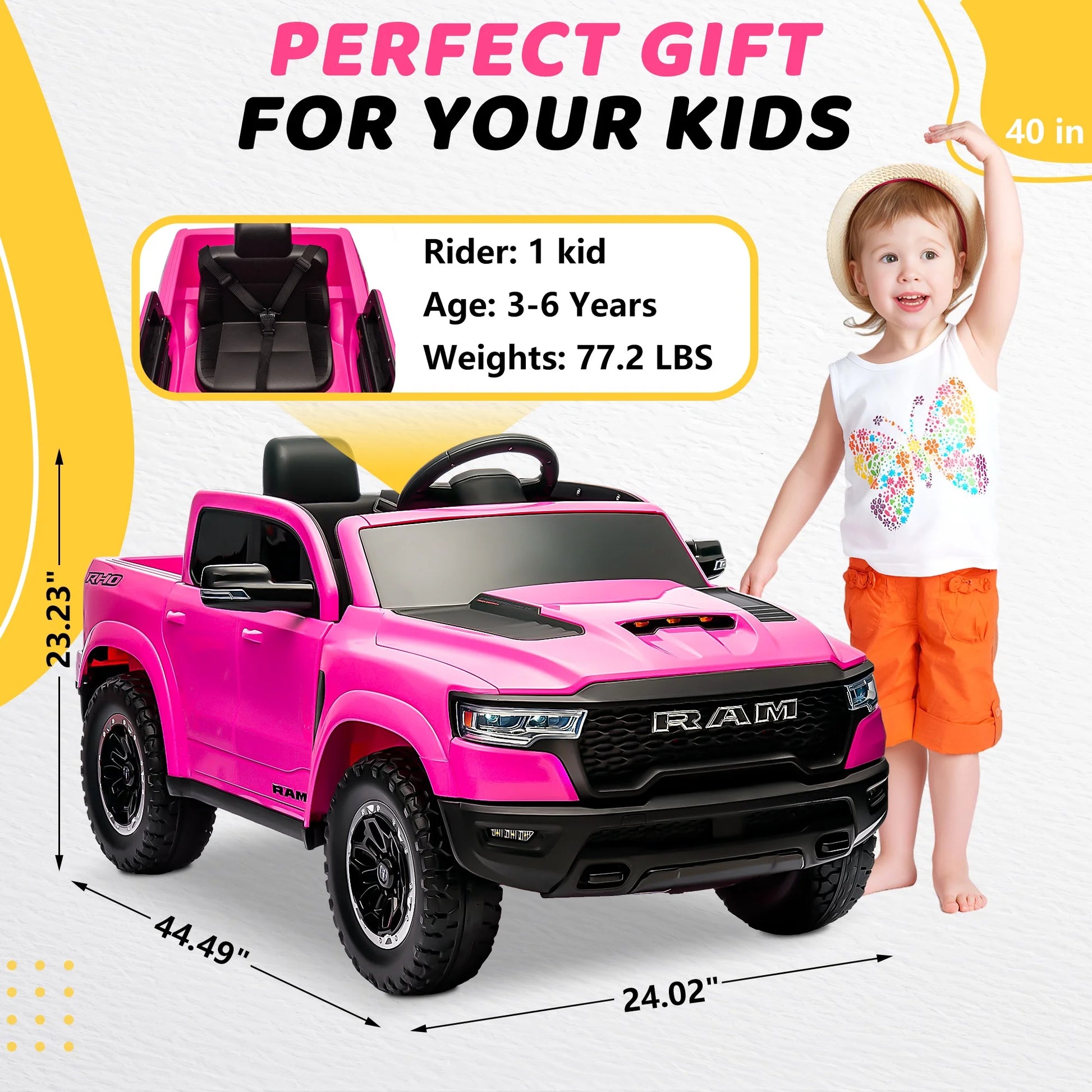 RAM 1500 Ride on Car Toy for Kids, 12V Powered Ride on Truck Toy with Remote Control, 4 Wheel Suspension, 5 Point Safety Belt, Music, Bluetooth, LED Lights, Electric Cars for 3-5 Yrs Boy Girl, Pink
