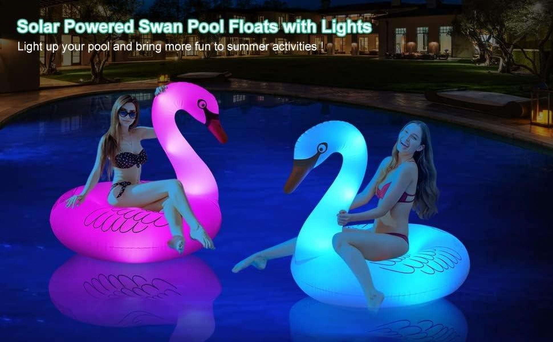 Solar-Powered White Swan Pool Float - 36" Inflatable LED Light-Up Pool Float for Adults & Kids, Eco-Friendly PVC, Quick Inflation, Color-Changing Night Lights for Pool Parties & Beach Fun