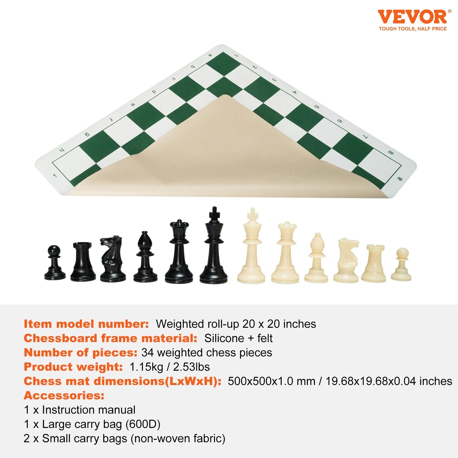 VEVOR Tournament Chess Set, 20 Inch Roll-Up Beginner Chess Board, Foldable Silicone Chess Game with Plastic Weighted Chess Pieces & Storage Bag, Portable Travel Chess Board Gift for Adult Kid Family