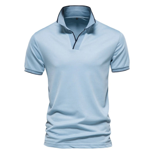 Light Blue Polo Shirts for Men Mens Fashion Casual Solid Color Cotton V Neck Button Short Sleeve T Shirt Top