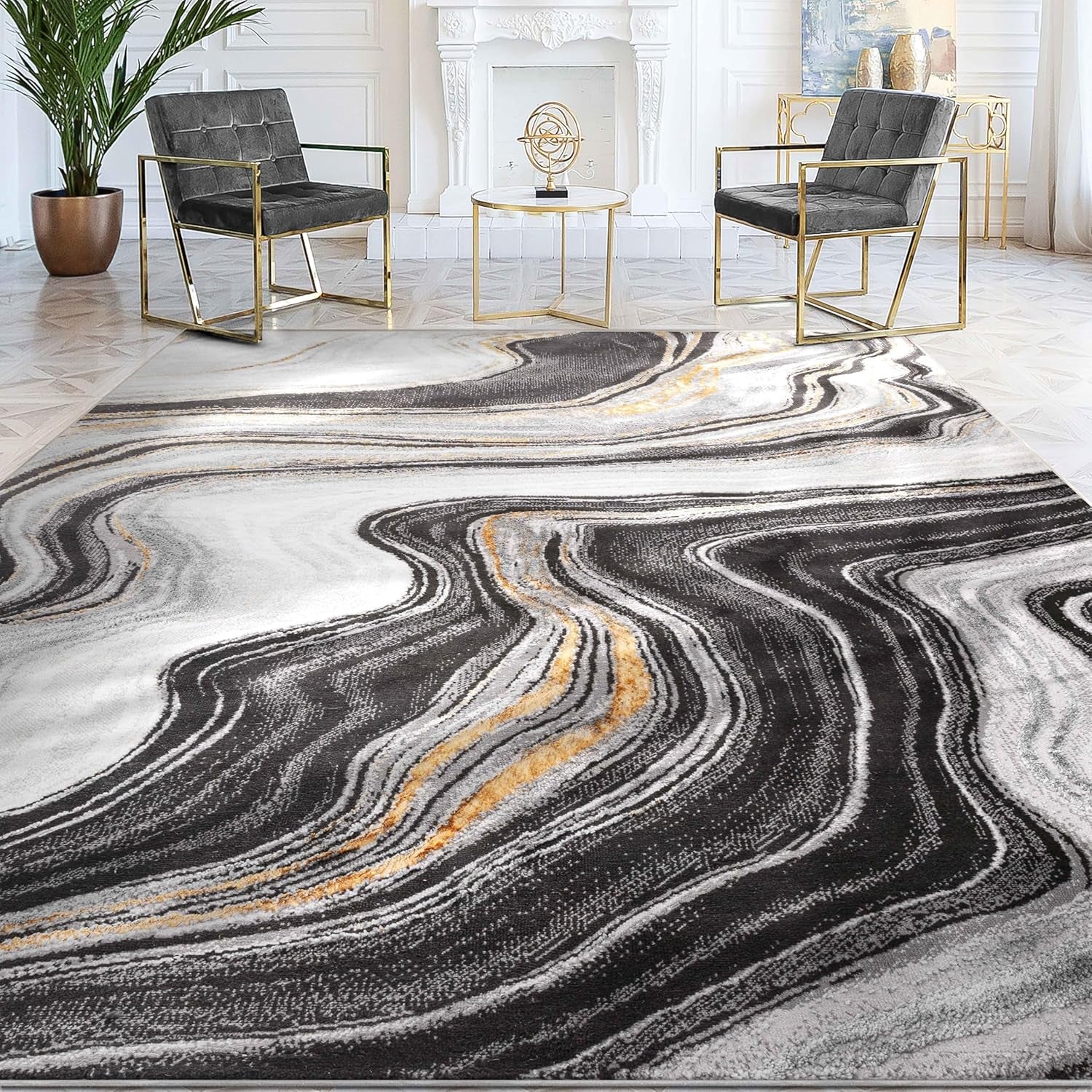Werrick Grey & Gold Striated Marble Pattern Area Rug (5'3" X 7'3")