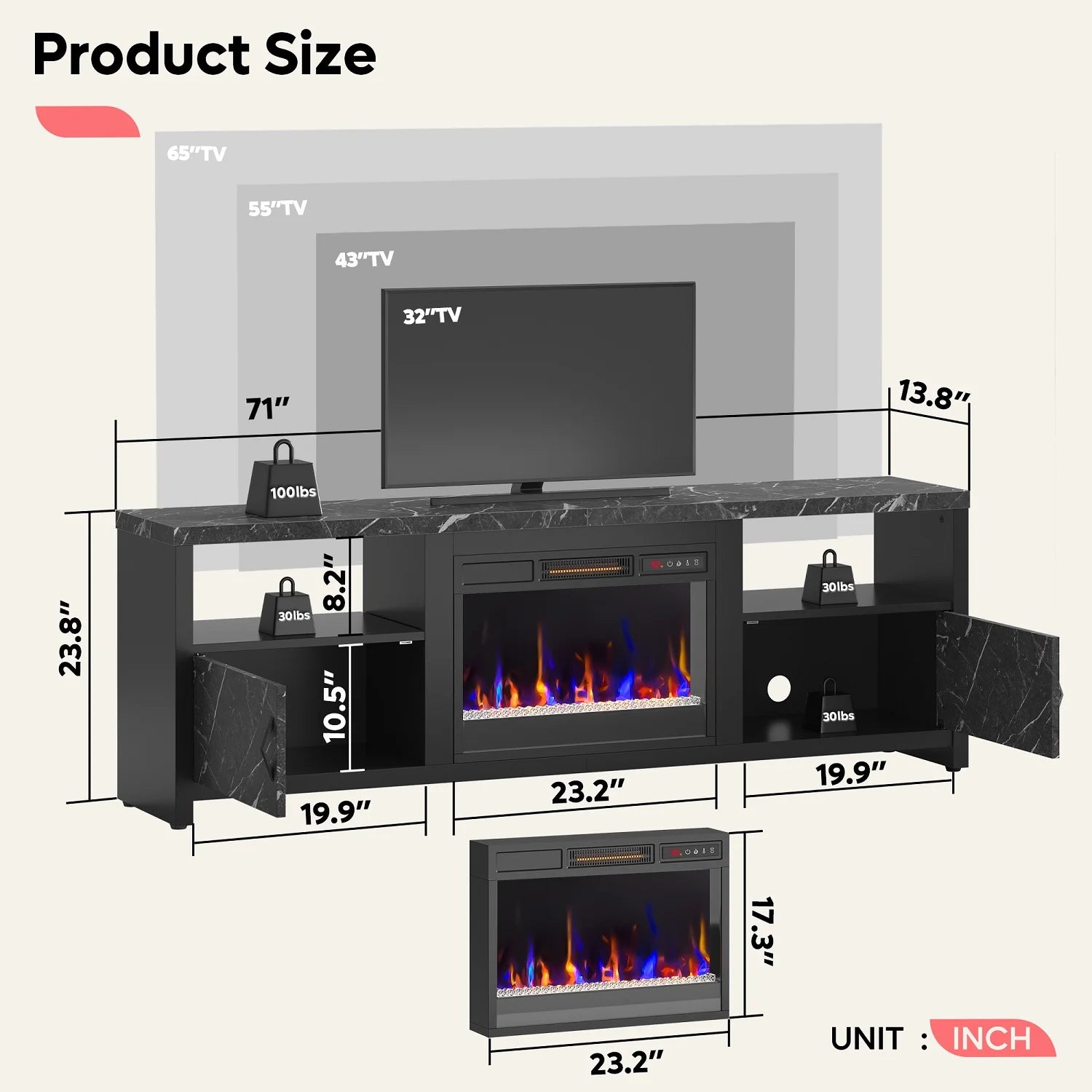 71 Inch Electric Fireplace TV Stand for Tvs up to 75", Modern Entertainment Center with LED Lights, Black Marble